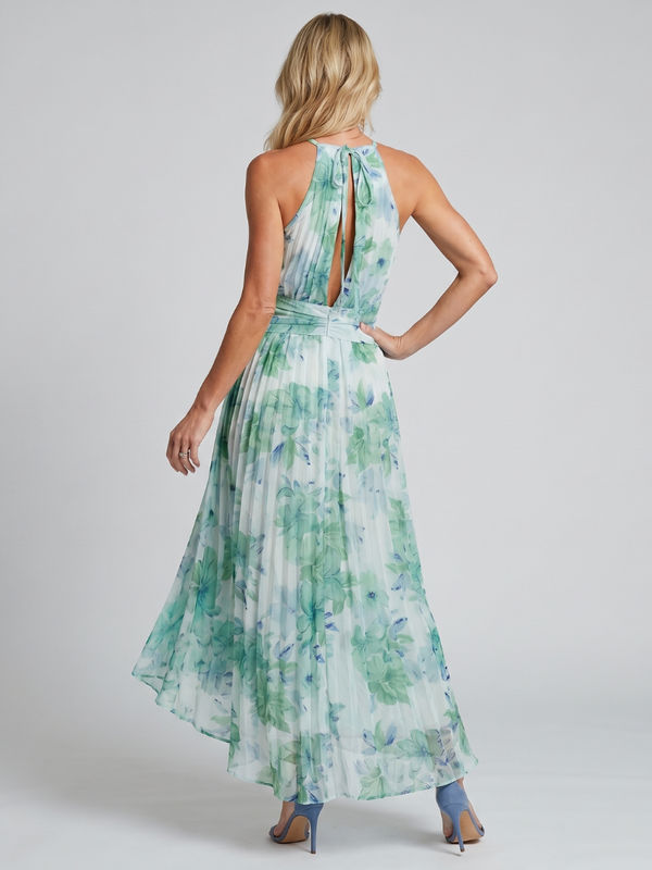 Portia · Vestido Midi de Crepé Plisado con Cuello Halter