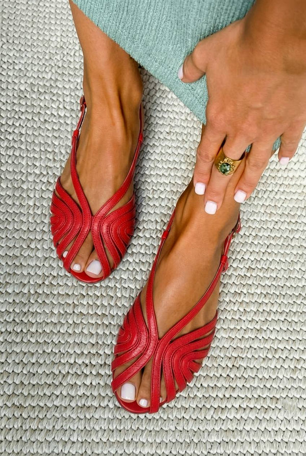 Sandalias peep toe de verano bajos Rojo tipo jaula en piel con correas