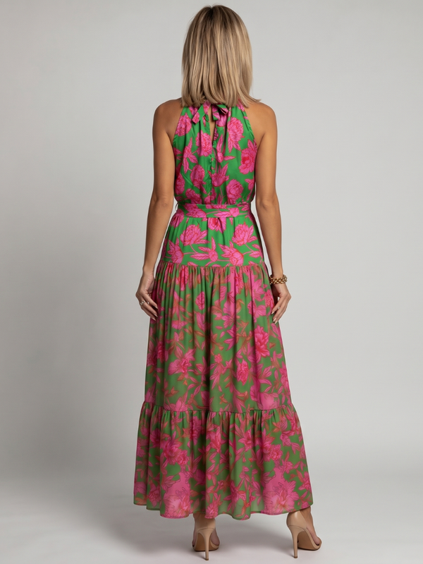 Vestido Midi Drapeado Rosa con Cuello Halter