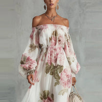 Pivoine | Robe Maxi Fleurie Épaules Dénudées, Manches Longues