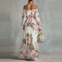 Pivoine | Robe Maxi Fleurie Épaules Dénudées, Manches Longues
