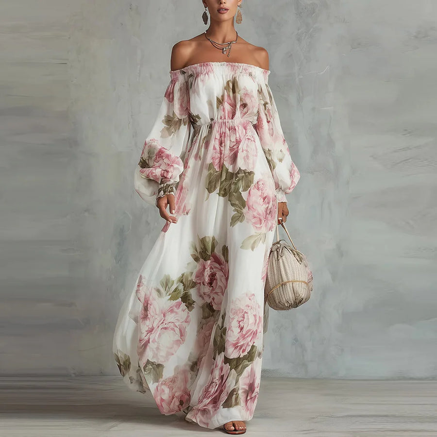 Pivoine | Robe Maxi Fleurie Épaules Dénudées, Manches Longues