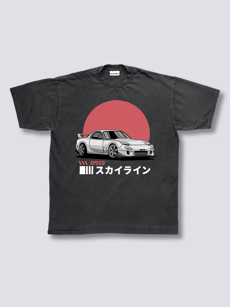 Estampado Frontal Amanecer Conducción Camiseta Vintage