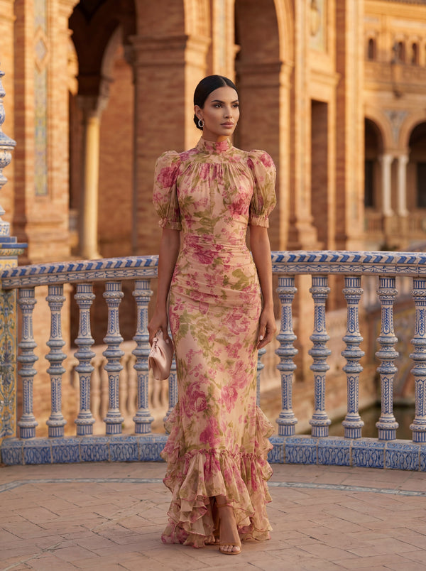 Rosario · Vestido de Seda con Estampado Floral