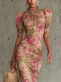 Rosemonde · Vestido Largo con Estampado de Rosas Vintage y Mangas Abullonadas