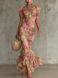 Rosemonde · Vestido Largo con Estampado de Rosas Vintage y Mangas Abullonadas