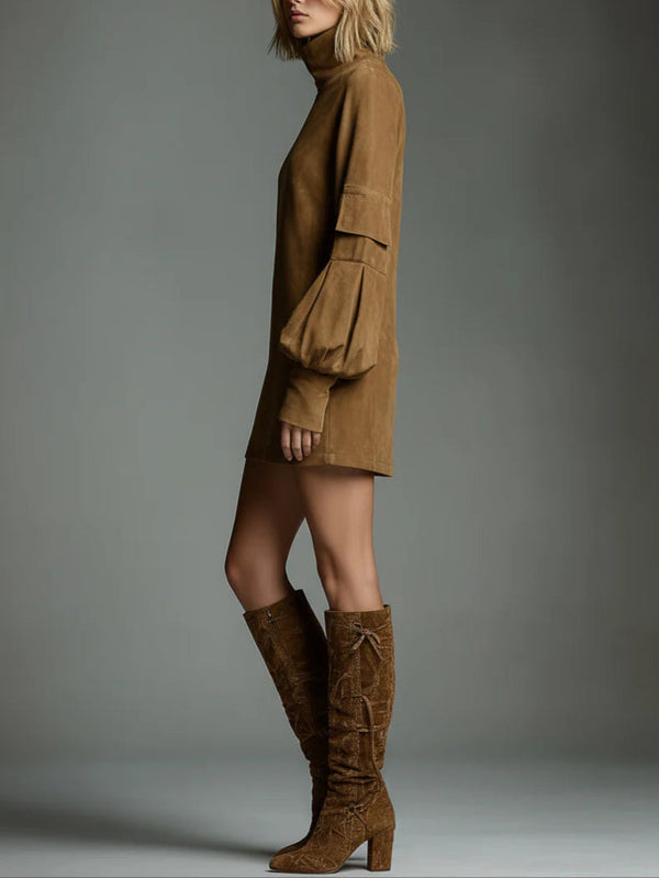 Romy | Minivestido vintage de ante con cuello alto