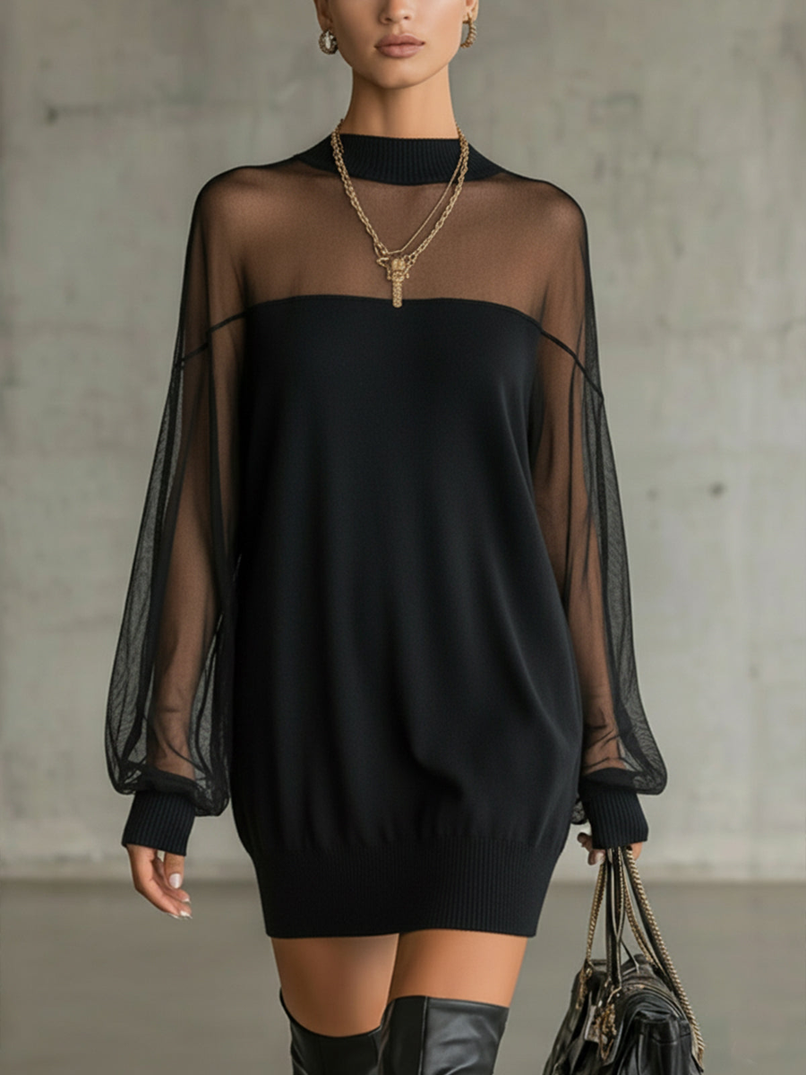 Amélie™ | Elegante Mini Vestido Negro con Mangas de Malla