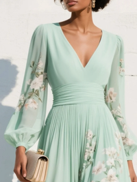 Vestido Midi Verde Claro con Motivos Florales