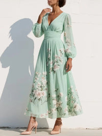 Vestido Midi Verde Claro con Motivos Florales