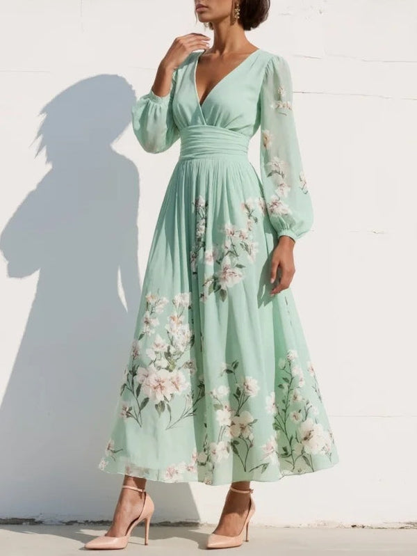 Vestido Midi Verde Claro con Motivos Florales