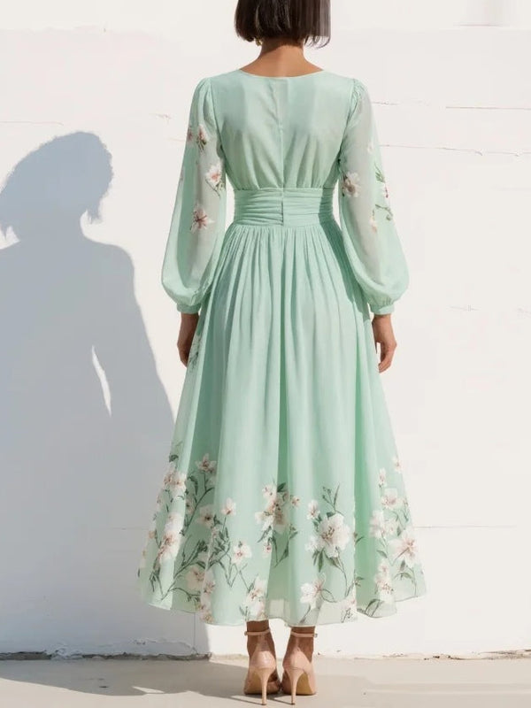 Vestido Midi Verde Claro con Motivos Florales