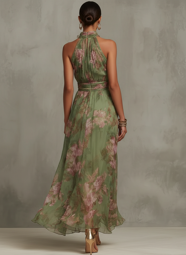 Serena · Vestido Maxi Elegante de Chifón Floral con Cuello Halter