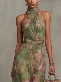 Serena · Vestido Maxi Elegante de Chifón Floral con Cuello Halter