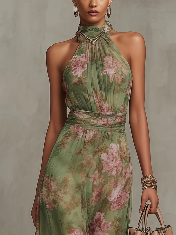 Serena · Vestido Maxi Elegante de Chifón Floral con Cuello Halter