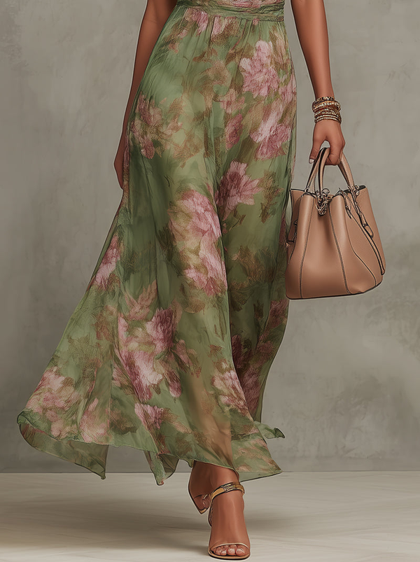 Serena · Vestido Maxi Elegante de Chifón Floral con Cuello Halter