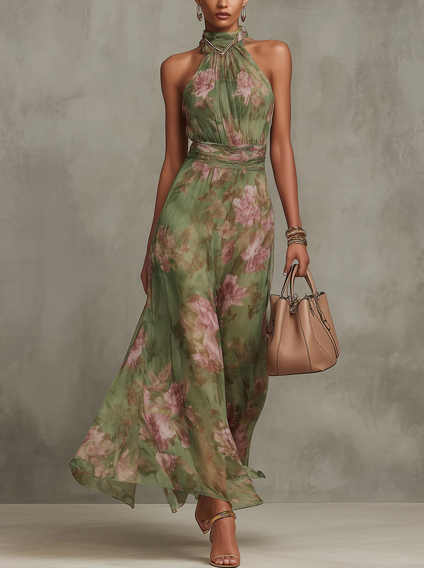 Serena · Vestido Maxi Elegante de Chifón Floral con Cuello Halter