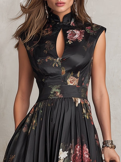 Violetta · Vestido Midi Negro de Satén Plisado con Estampado Floral y Escote Ojo de Cerradura