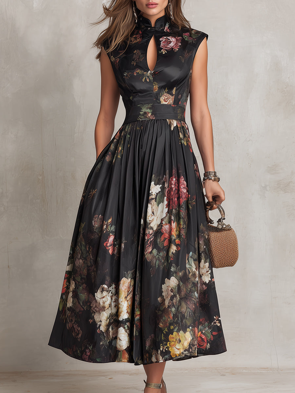Violetta · Vestido Midi Negro de Satén Plisado con Estampado Floral y Escote Ojo de Cerradura