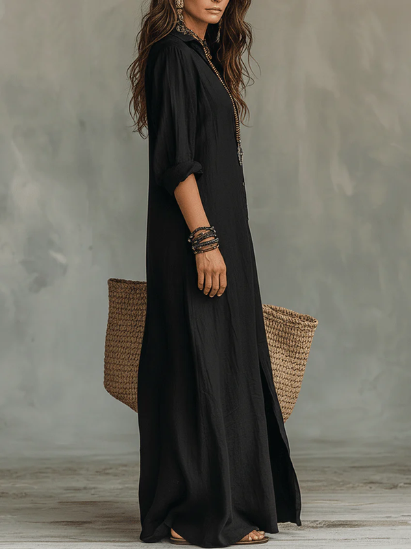 Veronica™ | Vestido Maxi Negro Largo con Botones