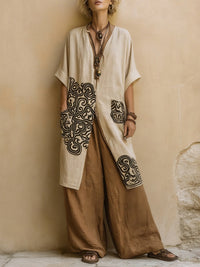 Giulia · Conjunto Bohemio de Tres Piezas en Gris Oscuro y Marrón con Estampado Tribal