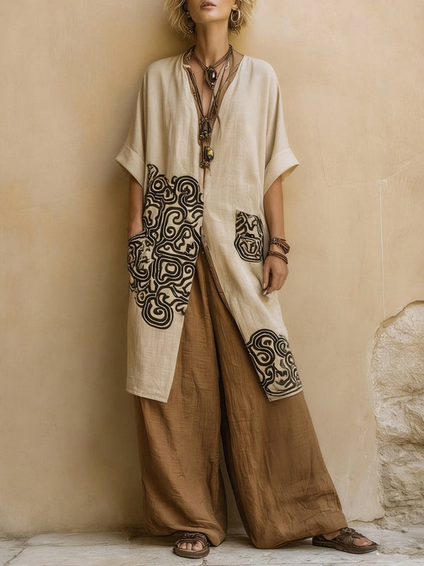 Giulia · Conjunto Bohemio de Tres Piezas en Gris Oscuro y Marrón con Estampado Tribal