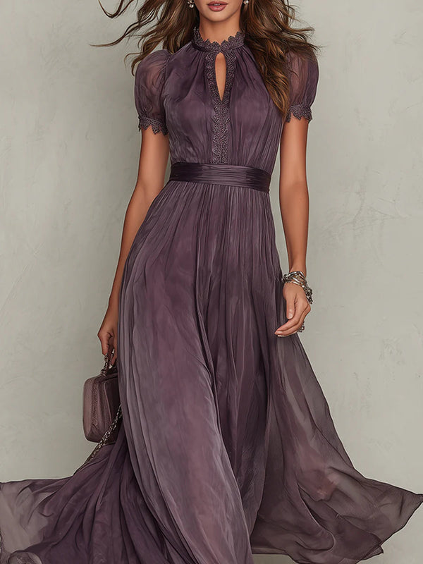 Prunelle · Vestido Largo de Gasa Violeta con Escote Corazón y Ribete de Encaje