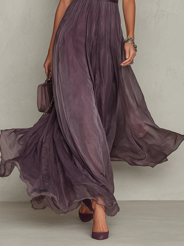 Prunelle · Vestido Largo de Gasa Violeta con Escote Corazón y Ribete de Encaje
