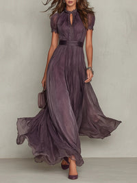 Prunelle | Robe Maxi en Mousseline Violette, Col Cœur, Bordure Dentelle