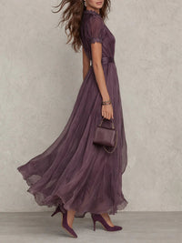 Prunelle | Robe Maxi en Mousseline Violette, Col Cœur, Bordure Dentelle