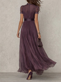 Prunelle | Robe Maxi en Mousseline Violette, Col Cœur, Bordure Dentelle