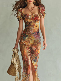 Clémentine · Vestido Largo de Gasa Naranja con Estampado Pictórico Bohemio