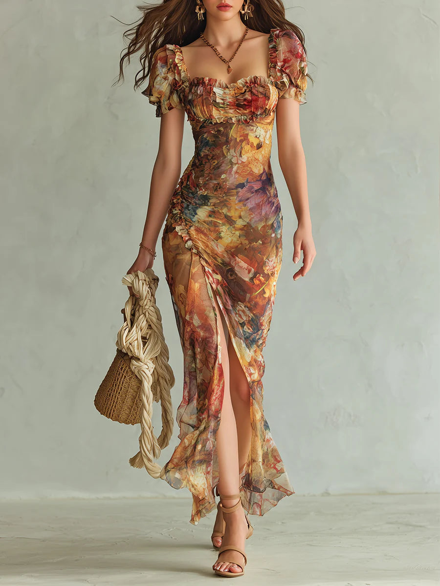 Clémentine · Vestido Largo de Gasa Naranja con Estampado Pictórico Bohemio