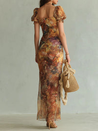 Clémentine · Vestido Largo de Gasa Naranja con Estampado Pictórico Bohemio