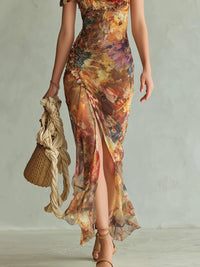 Clémentine · Vestido Largo de Gasa Naranja con Estampado Pictórico Bohemio