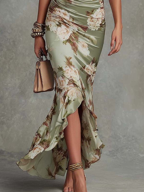 Émilie · Vestido Largo Asimétrico de Satén Verde Floral con Mangas Campana
