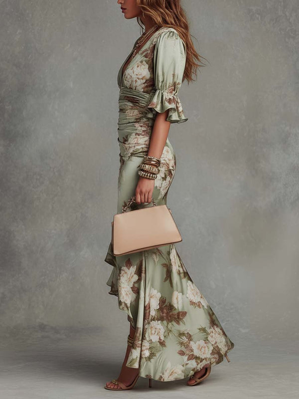 Anna · Vestido Largo Asimétrico de Satén Verde con Escote en V, Mangas Abullonadas y Estampado Floral
