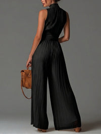 Mélaine · Mono Negro de Gasa con Cremallera y Pantalón Palazzo Plisado