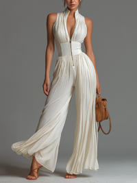Solange · Mono Blanco de Gasa con Escote en V y Pantalón Palazzo