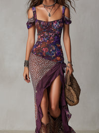 Léopoldine | Robe Maxi Imprimé Léopard et Fleurs, Violet, Fente Haute