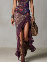 Léopoldine | Robe Maxi Imprimé Léopard et Fleurs, Violet, Fente Haute