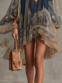 Bérénice | Mini Robe Irrégulière Baroque Bleu Marine, Col Haut