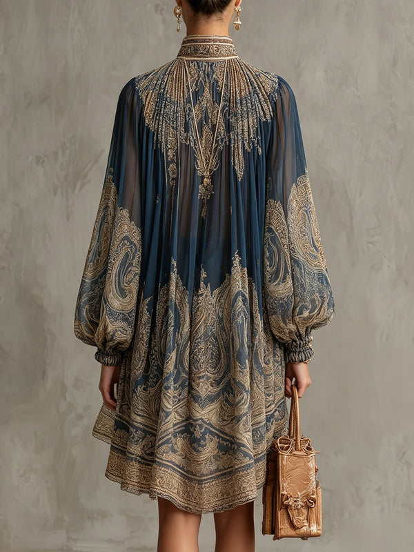 Bérénice | Vestido Mini de Gasa Asimétrico con Estampado Barroco Azul Marino y Cuello Alto