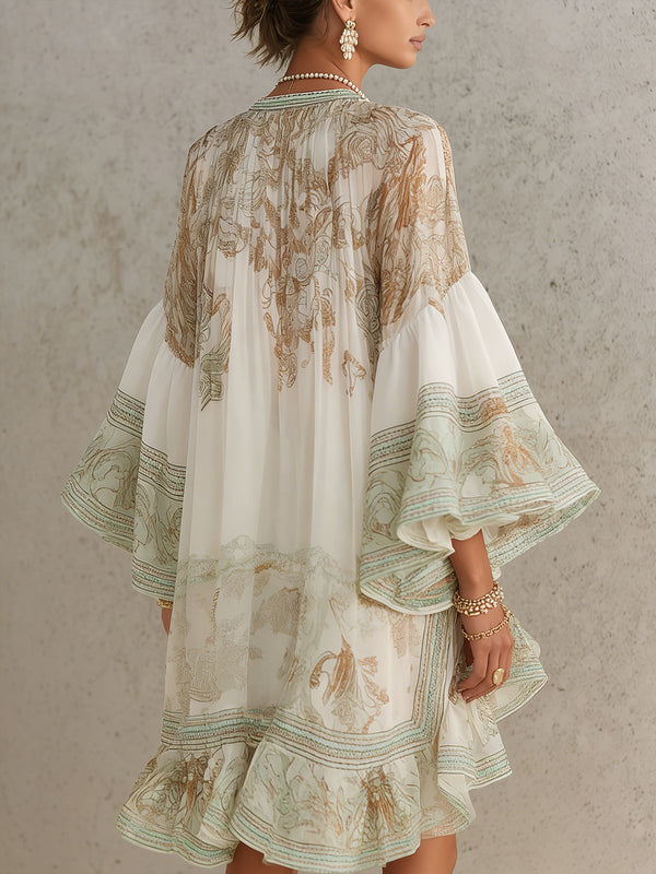 Rosalie | Vestido Mini de Gasa con Mangas de Volantes y Bajo Rayado Verde