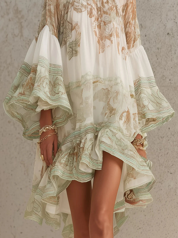 Rosalie · Vestido Corto de Gasa con Mangas de Volantes y Bajo Rayado Verde