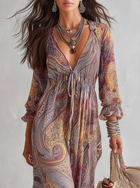 Pénélope · Vestido Largo de Gasa con Estampado Cachemir y Escote en V