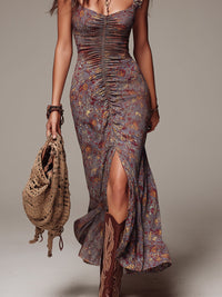 Griselle | Robe Maxi Fleurie Plissée, Gris-Violet