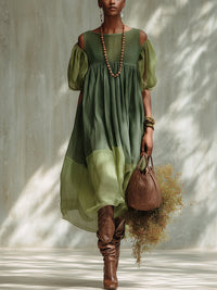Sylviane · Vestido Midi de Gasa Verde con Hombros Descubiertos y Manga Corta
