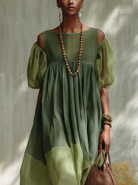 Sylviane · Vestido Midi de Gasa Verde con Hombros Descubiertos y Manga Corta