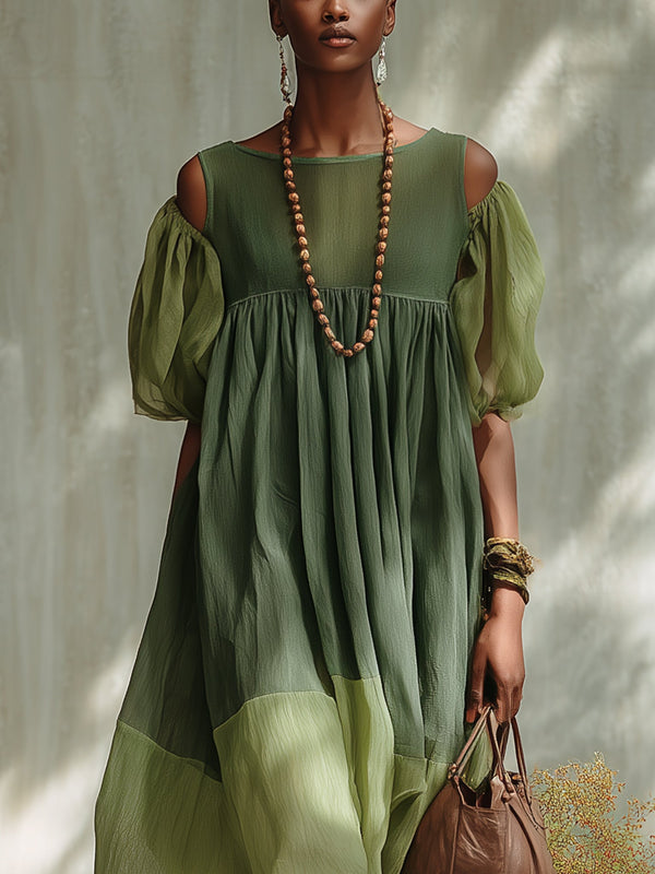 Sylviane · Vestido Midi de Gasa Verde con Hombros Descubiertos y Manga Corta